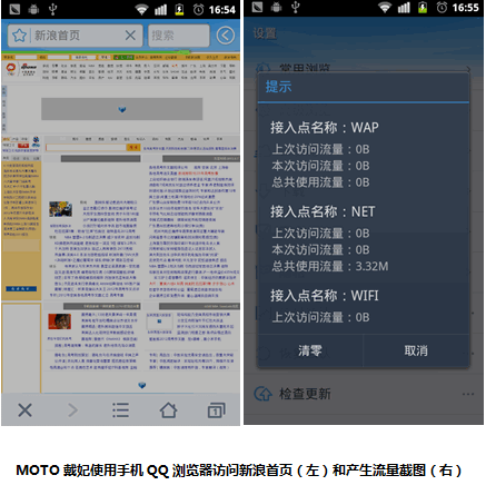 MOTO戴妃使用手机QQ浏览器访问新浪首页（左）和产生流量截图（右）